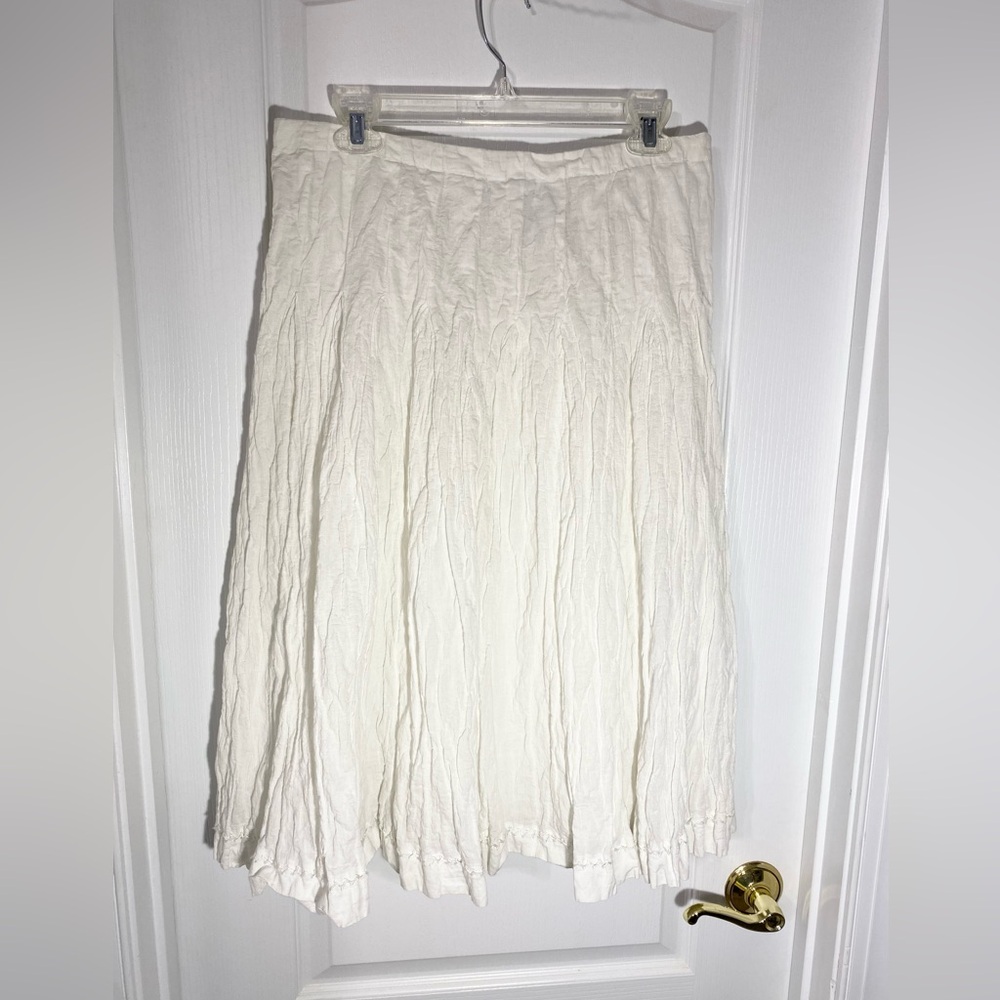 Y2K Liz Claiborne Embroidered Crinkle Texture Pleated Midi Skirt Cream Size 10